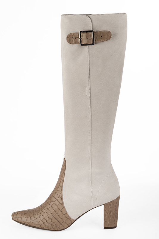 Tan beige and off white women's knee-high boots with buckles. Round toe. High block heels. Made to measure. Profile view - Florence KOOIJMAN